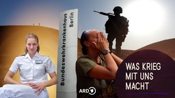 Korvettenkapitän und Psychotherapeutin Isabel Schönsee, ein Schild des Bundeswehrkrankenhauses in Berlin, eine uniformierte Soldatin, die ihr Gesicht auf ihre Hände stützt, im Hintergrund die Silhouetten von Soldaten in einer Wüste im Gegenlicht.