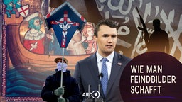 Collage: Buchmalerei, Aufbruch Ludwigs des Hl. zum Sechsten Kreuzzug, Fahne der Terrororganisation "Islamischer Staat", Silhouette eines Dschihadisten, Charlie Kirk am Rednerpult (2020), ein Mitglied der rechtsextremen, paramilitärischen "Patriot Front". 