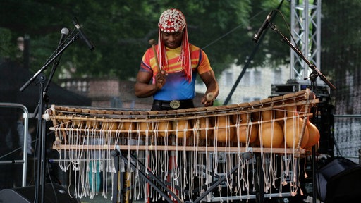 Aly Keita steht auf der Bühne und spielt das Balafon.