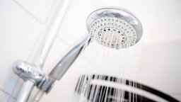 Ein Duschkopf hängt in einer Dusche in einem Badezimmer.