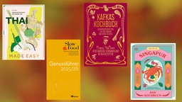Collage: Cover der Bücher: Thai - Made it easy; Genussführer 2025/26; Kafkas Kochbuch, Singapur