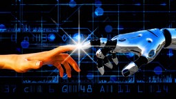 Symbolbild zur Künstlichen Intelligenz: Menschenhand berührt Roboterhand 