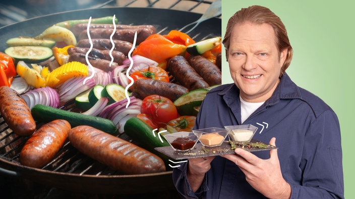 Das Bild zeigt Björn Freitag (r) und verschiedene Grillkost (l).