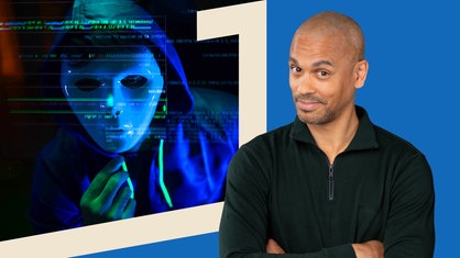Norman Laryea vor blauem Hintergrund, mit Bild von Hacker mit Maske.