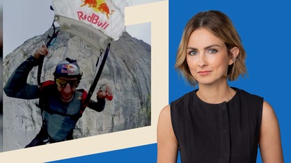 Viktoria Merkulov blickt in die Kamera. Im Hintergrund sieht man eine Person, in Redbull-Kleidung, welche eine steinige Fläche runterspringt.