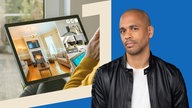 Das Bild zeigt den Moderator Norman Laryea im Hintergrund ein Laptop mit einer Wohnungsvorstellung. 