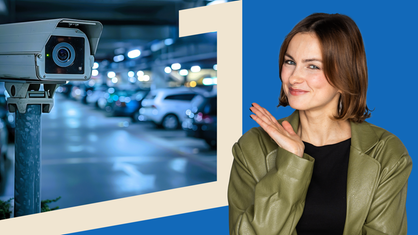 Moderatorin vor dem blau/weißen Echt? Hintergrund, in der Ecke ein Bild einer Überwachungskamera.