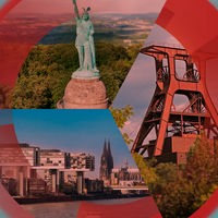 Collage aus Sehenswürdigkeiten verschiedener Regionen in NRW wie z.B. der Kölner Dom