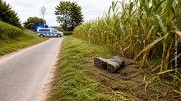 Ein asphaltierter Feldweg verläuft durch eine ländliche Umgebung. Ein Polizeiwagen mit Blinklicht steht quer über dem Weg. Neben dem Weg wächst ein dichtes Maisfeld. Im Vordergrund liegt ein einzelner robuster Stiefel am Rand des Feldes.