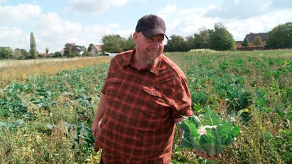  Landwirt Helmut (46) ernet einen Blumenkohl.