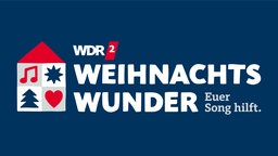 WDR 2 Weihnachtswunder Logo: Stilisiertes Haus mit den Symbolen "Note", "Baum", "Herz" und "Stern". Dazu der Titel "WDR 2 Weihnachtswunder. Euer Song hilft!".
