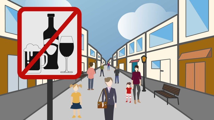 Illustration einer Innenstadtstraße mit einem Schild, das auf das Alkoholverbot hinweist