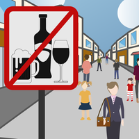 Illustration einer Innenstadtstraße mit einem Schild, das auf das Alkoholverbot hinweist