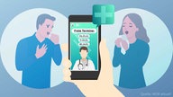 Zeichnung von zwei kranken Menschen, die auf ein Handy schauen, mit Alternativen für einen Arzttermin