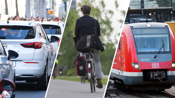 Bildmontage: Auto, Rad, Bahn