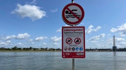 Badeverbotsschild vor dem Rhein am Paradiesstrand in Düsseldorf