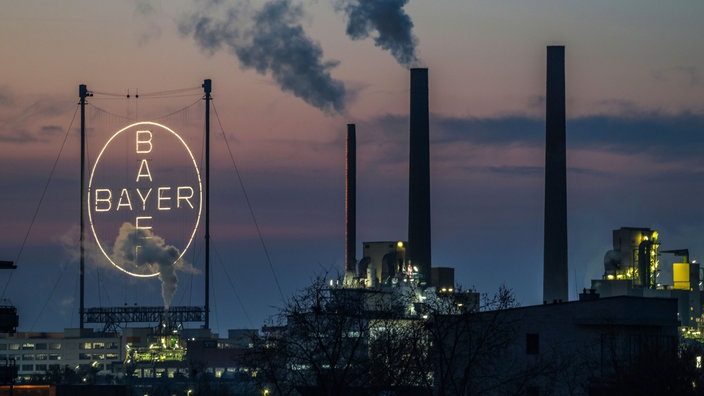 Das Bayer-Kreuz leuchtet auf dem Werksgelände in Leverkusen bei Sonnenuntergang