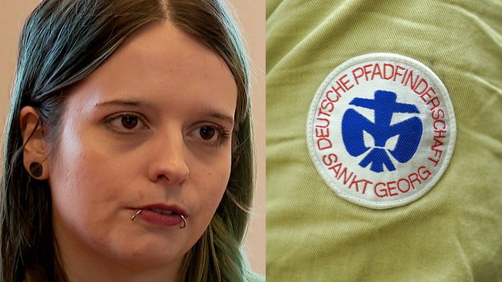 Linda, Betroffene sexualisierter Gewalt bei Pfadfindern, neben dem Logo der Deutschan Pfadfinderschaft Sankt Georg