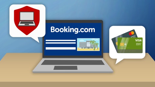 Eine Grfaik zeigt einen Laptop, auf dem die Seite Booking.com geöffnet ist.