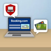 Eine Grfaik zeigt einen Laptop, auf dem die Seite Booking.com geöffnet ist.