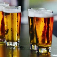 Fünf Gläser gefüllt mit Bier stehen auf einer Theke.
