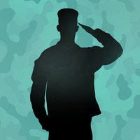 Silhouette eines salutierenden Soldaten vor einem bläulichen Tarnfleck-Muster