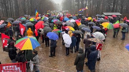 Demonstranten mit bunten Regenschirmen in einem Waldstück