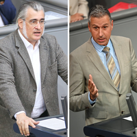 AfD-Politiker Fabian Jacobi und Christian Zaum am Rednerpult im Bundestag