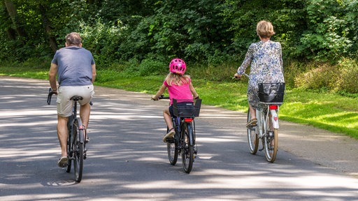 Fahrradfahrer fahren auf einem Spazierweg im Kölner Stadtwald