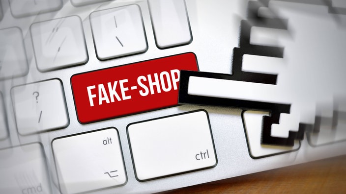 Ein Cursor klickt auf einen Button mit der Aufschrift "Fake-Shop"
