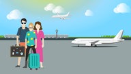 Unzufriedene Reisende am Flughafen, daneben und am Himmel ein Flugzeug