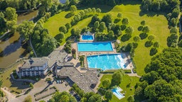 Luftaufnahme des Freibades "Freibad Selbachpark" in Hamm im Bundesland Nordrhein-Westfalen