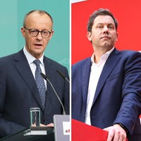 Collage: Friedrich Merz und Lars Klingbeil stehen jeweils an einem Rednerpult