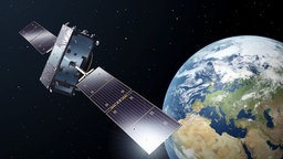 Galileo-Full-Operational-Capacity-Satelliten (FOC): Satellit und Erdkugel aus dem All gesehen
