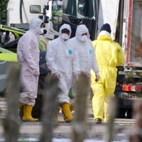 24.10.2025, Rees, NRW: Mehrere Personen in Schutzanzügen laufen auf dem Gelände eines landwirtschaftlichen Betriebs