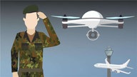 Illustration: Ein Offizier der Bundeswehr und eine Drohne am Flughafen 