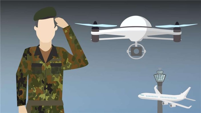 Illustration: Ein Offizier der Bundeswehr und eine Drohne am Flughafen 