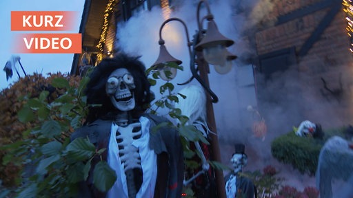 Ein Skelett steht als Halloween-Deko vor einem Haus. Im Hintergrund sieht man noch andere Dekorationen. 