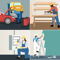 Vier verschiedene Handwerksberufe