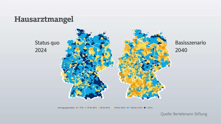 Zwei Grafiken, die den Hausarztmangel von 2024 bis 2040 in Deutschland zeigen