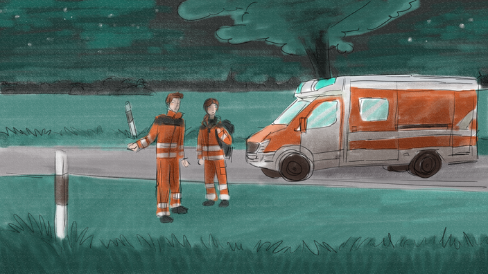 Zeichnung: zwei Sanitäter stehen neben einem Krankenwagen am Straßenrand und suchen die Unfallstelle 