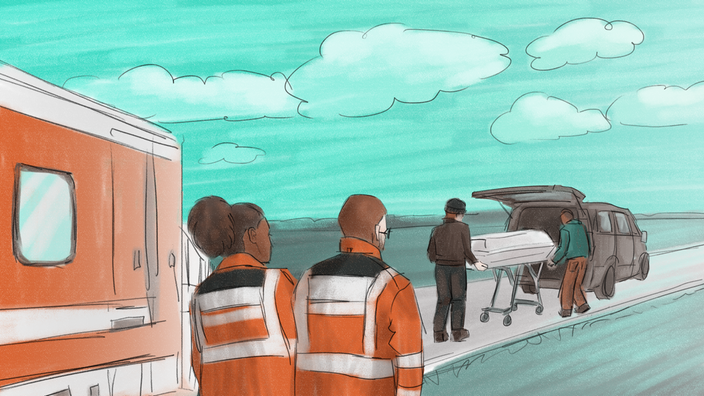 Zeichnung: eine Leiche wird neben den Sanitätern abtransportiert 