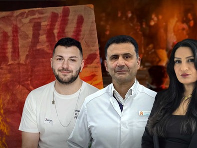 Collage mit zwei Männern und eine Frau vor einem Plakat mit roten Handabdrücken