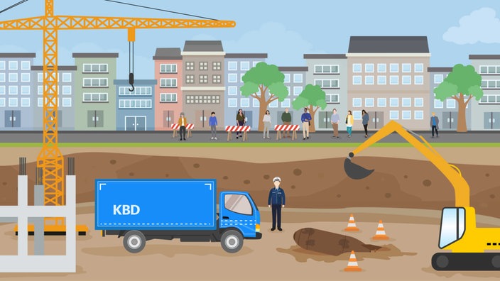 Grafische Darstellung einer Baustelle mit einem LKW der Kampfmittelbeseitigung KBD