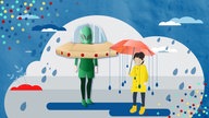 Grafik: Kostümierte Menschen feiern Karneval bei Regen