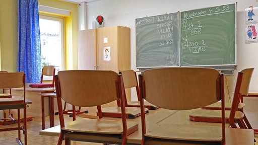 Ein leeres Klassenzimmer. Die Stühle stehen auf dem Tisch. 