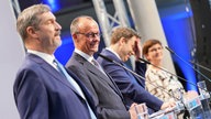 Markus Söder (l-r), Ministerpräsident von Bayern und CSU-Vorsitzender, Friedrich Merz, Unions-Kanzlerkandidat und CDU-Bundesvorsitzender, Lars Klingbeil, SPD-Fraktions- und Bundesvorsitzender, und Saskia Esken, SPD-Bundesvorsitzende