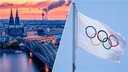 Foto des Kölner Doms neben einer Flagge mit dem Symbol der Olympischen Spiele