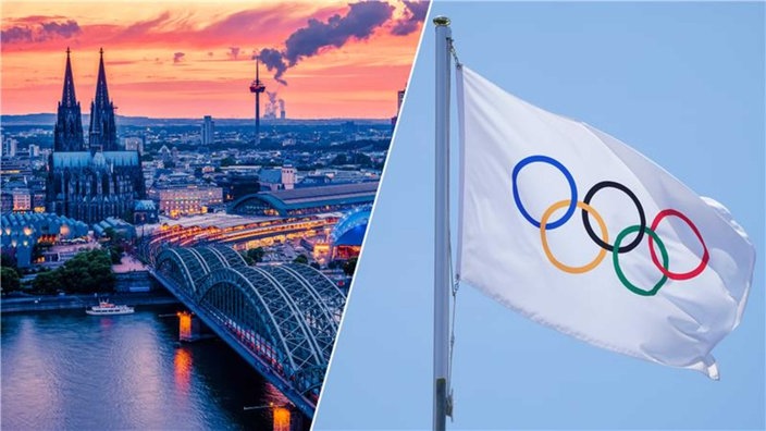 Foto des Kölner Doms neben einer Flagge mit dem Symbol der Olympischen Spiele