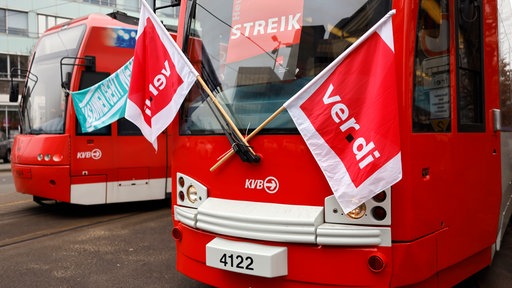 Streikende stehen mit Flaggen vor parkenden Stadtbahnen.